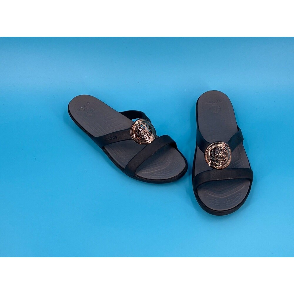 Crocs Sanrah Circle Slide Sandals Womens 7 Black Graphite Metallic Medallion